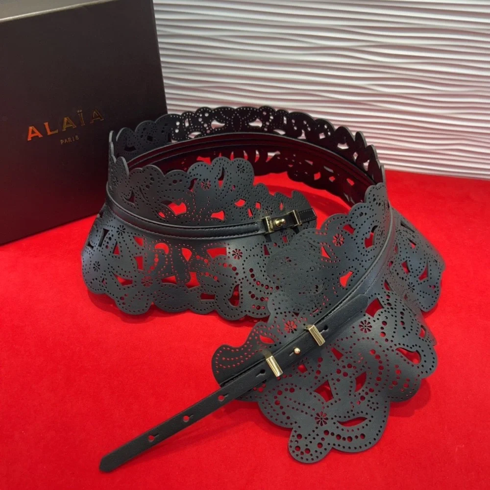 Alaïa Black Laser-Cut Floral Waist Belt with Gold Accents